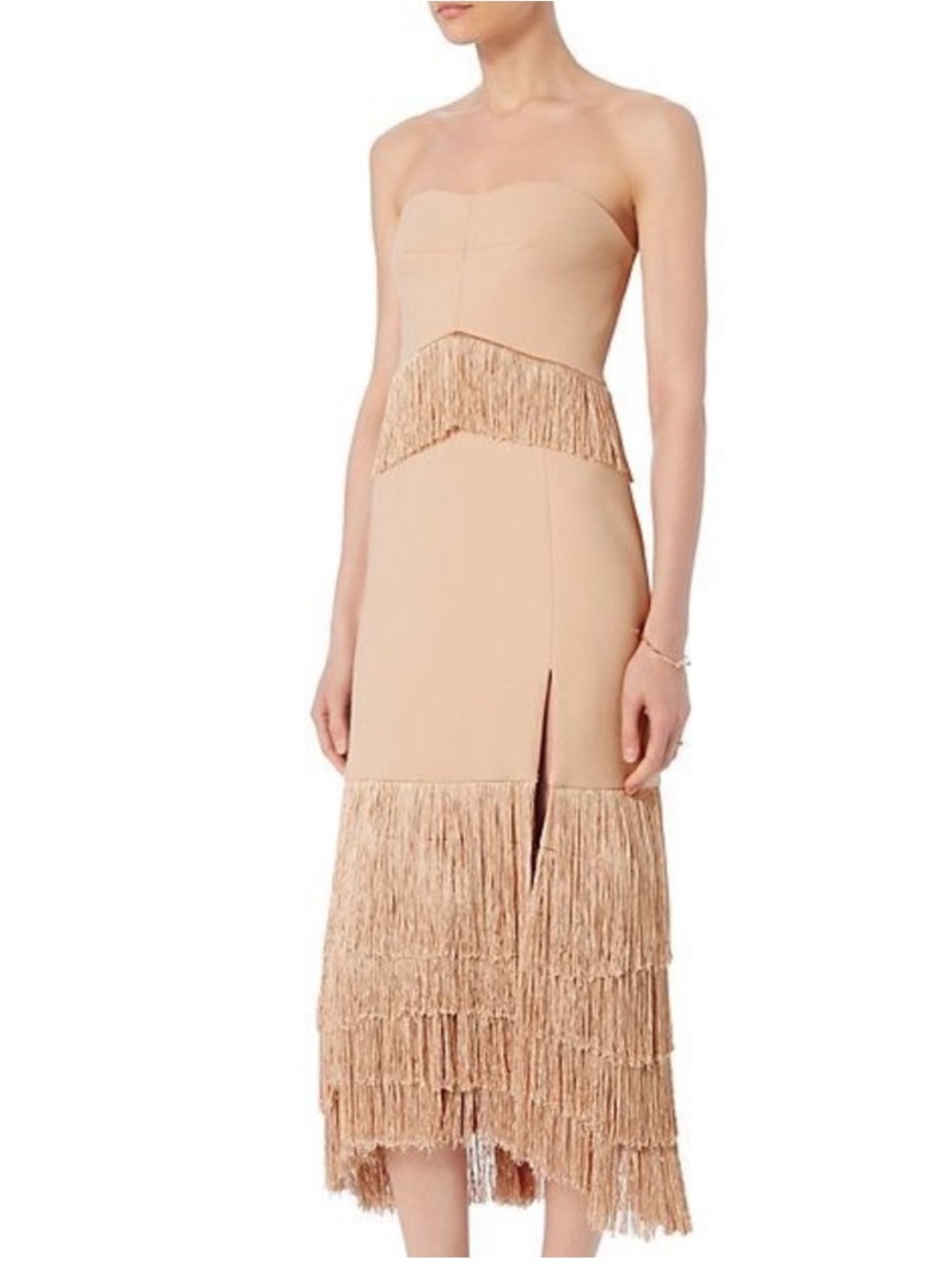 Jonathan Simkhai Nude Runway FW 2016 Fringe Strapless Front Slit Midi Dress Sz 8